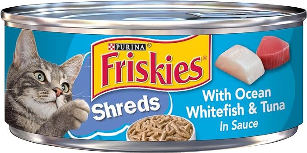 Friskies / Wet cat food, Ocean whitefish and tuna, Shreds in sauce, 5.5 oz (156 g) kit cat cat treats freezebites freeze dried tuna 0 5 oz 15 g