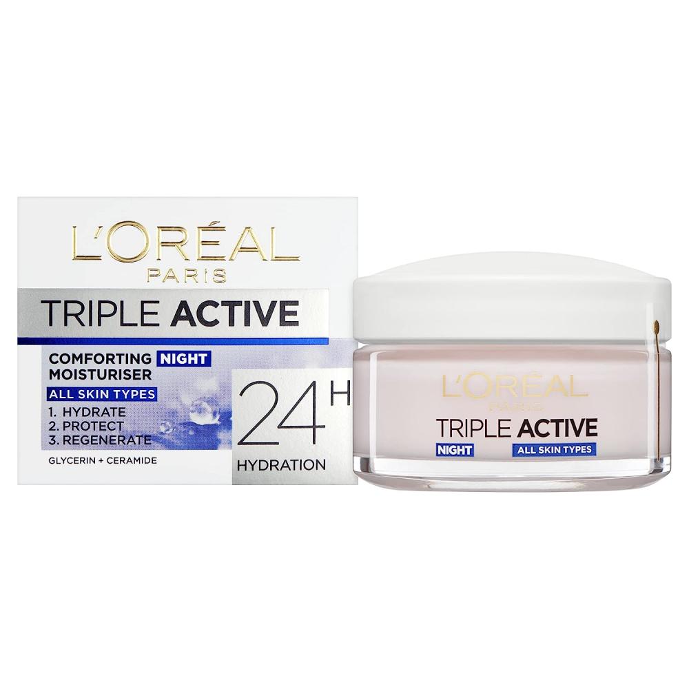 L'Oreal Paris / Cream, Comforting night moisturiser, Triple active, 24h hydration, 1.69 fl.oz. (50 ml) new tactical airsoft mask comes with headgear suit can carry variety night vision devices cosplay multi function protect gear