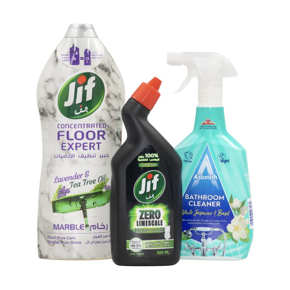 Set of 3 cleaners, Jif Floor cleaner, 3.30 lbs (1.5 l) + Jif Toilet cleaner, 16.9 fl.oz (500 ml) + Astonish Bathroom cleaner, 25.36 fl. oz. (750 ml) jif kitchen spray cleaner orange and lemon 500 ml