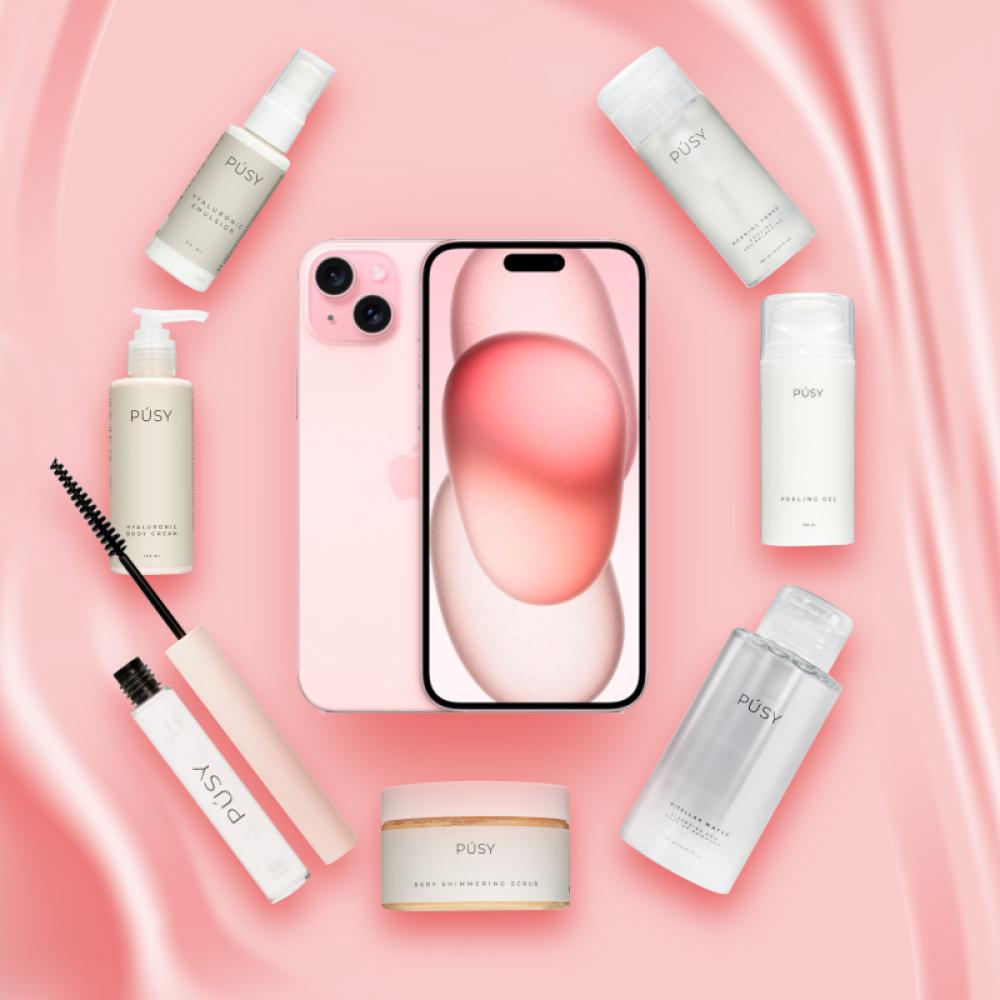 Beauty set, 1+7, Apple iPhone 15, 512 GB, Pink, eSIM + 7 PÚSY skincare essentials art visage fix and care lash and brow gel