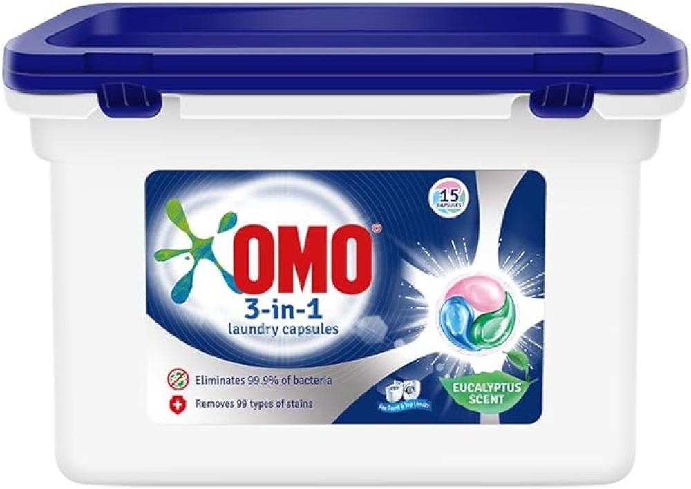 цена Omo, Laundry capsules, 3-in-1, Stain removal detergent, Eucalyptus scent, 15 pods