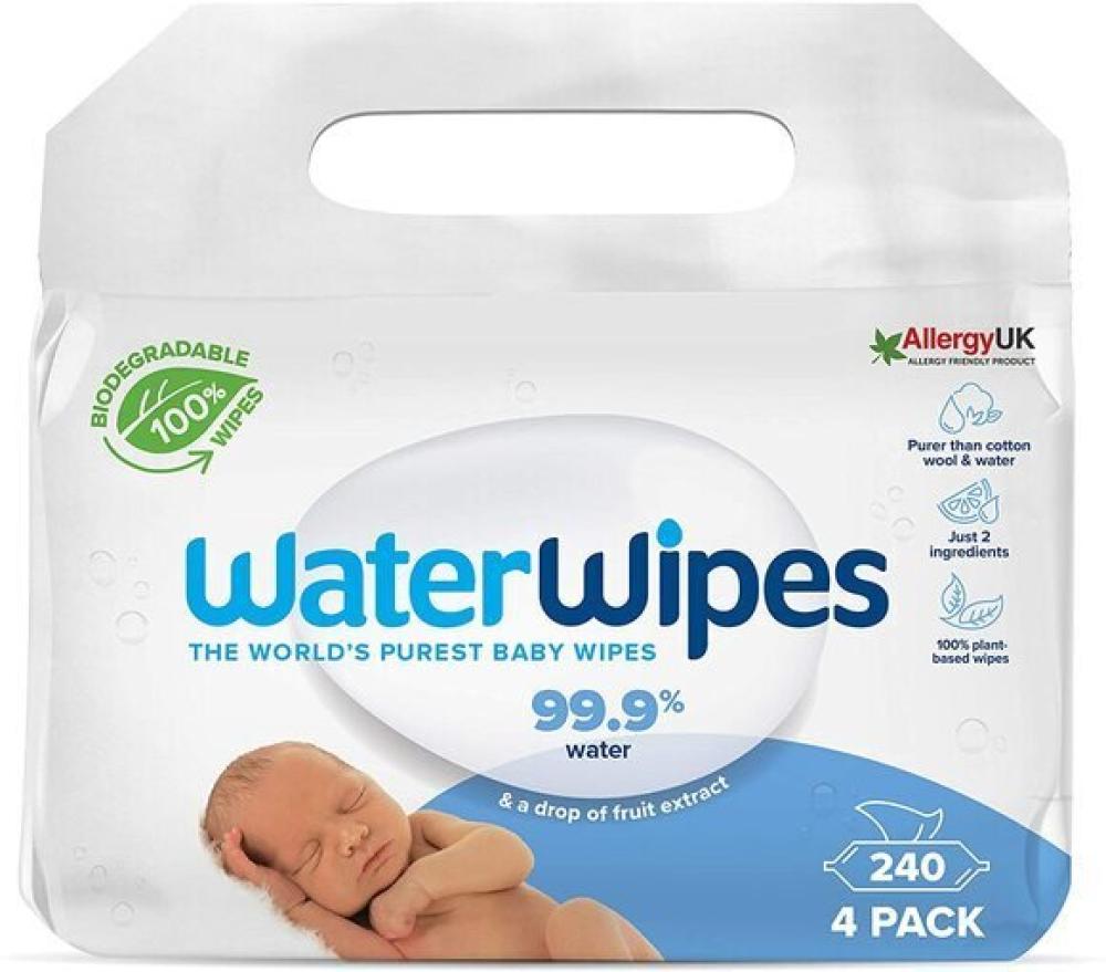 цена WaterWipes, Baby wipes, Biodegradable, Pack of 4 x 60, 240 wipes
