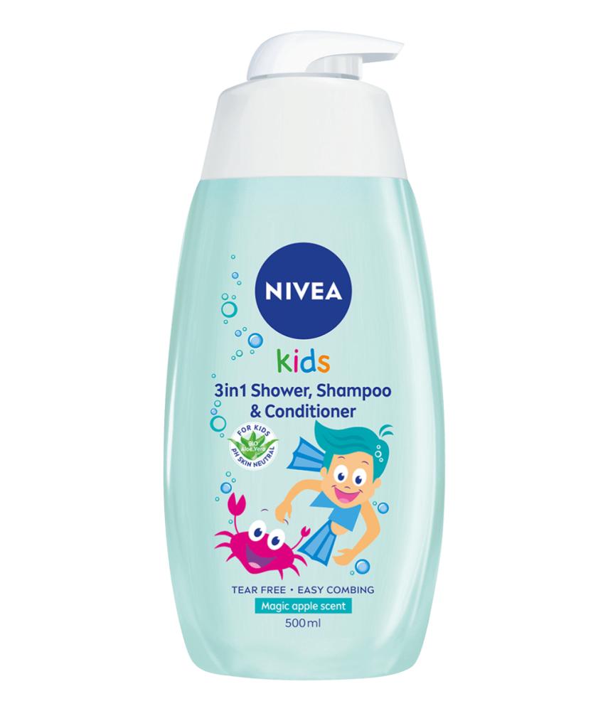 NIVEA, Kids 3in1 Shower, shampoo and conditioner, Bio aloe vera, Apple scent, 16.91 fl. oz. (500 ml) nivea shaving cream protect and care aloe vera 3 38 fl oz 100 ml