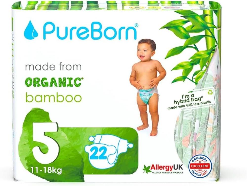 PureBorn, Baby diapers, Organic natural bamboo, Disposable, Size 5, 11-18 kg, 22 pcs