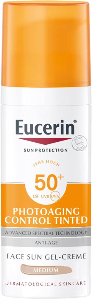 цена Eucerin, Sunscreen, Photoaging control tinted, Sun gel-cream, Anti-age, SPF 50+, High UVA UVB protection, 1.69 fl. oz. (50 ml)