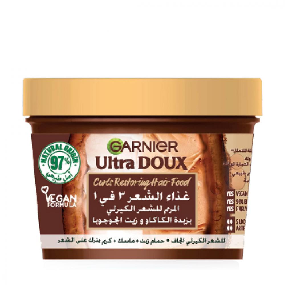 цена Garnier, Hair mask, Ultra doux, 3-in-1 Hair food with cocoa butter for dry, frizzy hair, 13.18 fl. oz. (390 ml)