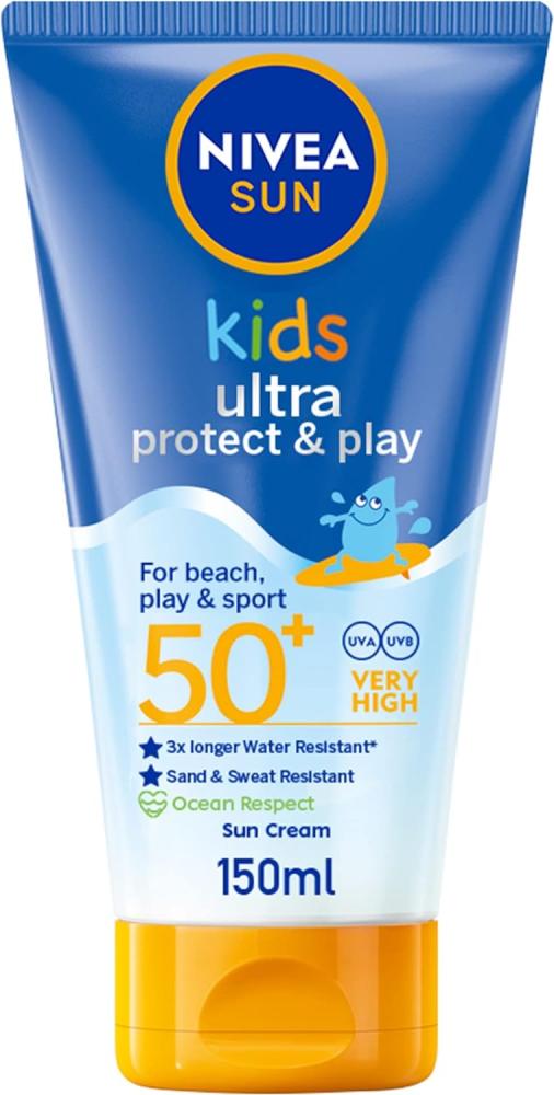 NIVEA SUN, Sun cream for kids, Ultra protect and play, SPF 50+, UVA UVB Protection, For beach, play and sport, 5 fl. oz.(150 ml) avene sun care spray spf 50 for sensitive skin 6 8 oz 200 ml