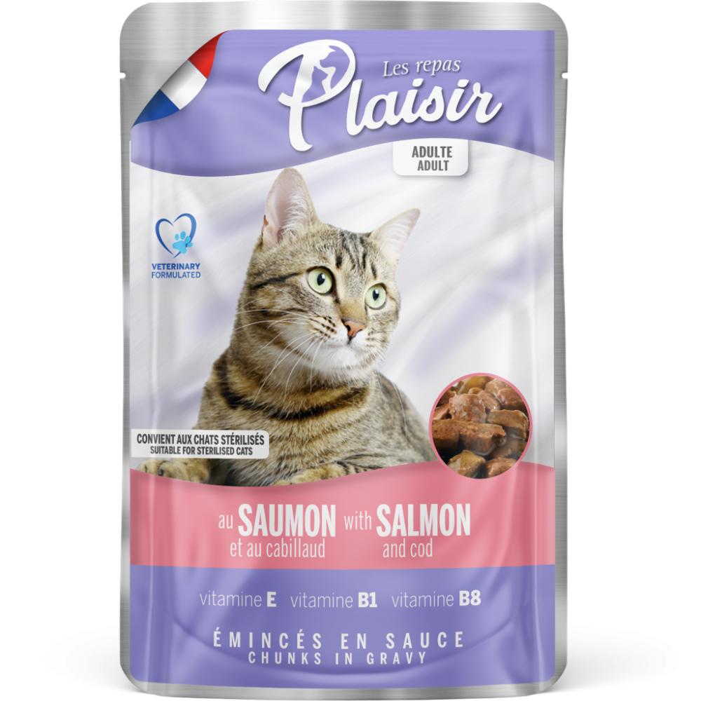 PLAISIR, Wet cat food, Chunks with salmon and cod in gravy, 3.5 oz (100 g) friskies wet cat food ocean whitefish and tuna shreds in sauce 5 5 oz 156 g