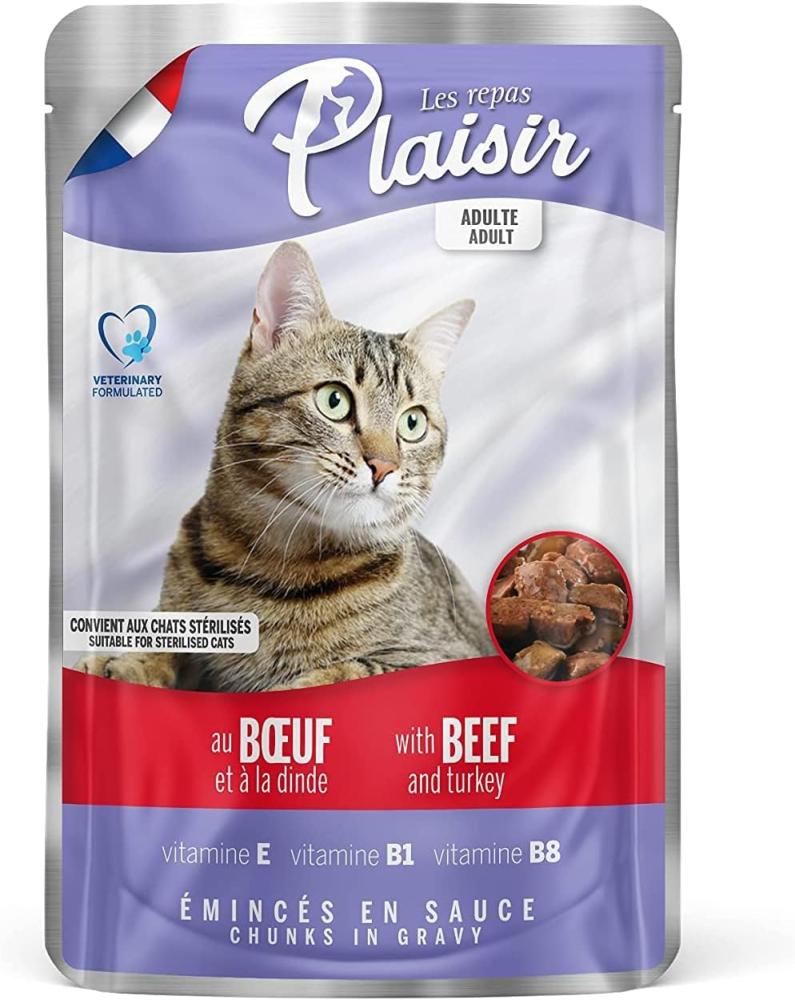 PLAISIR, Wet cat food, Chunks with beef and turkey in gravy, 3.5 oz (100 g) plaisir wet cat food chunks with trout and shrimps in gravy 3 5 oz 100 g
