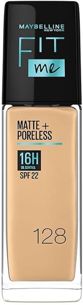 Maybelline New York, Foundation, Fit Me, Matte + Poreless, 16H Oil control with SPF 22, Colour 128, 1 fl. oz. (30 ml) maybelline new york foundation primer instant pore eraser foundation smooth matte finish blurs pores baby skin