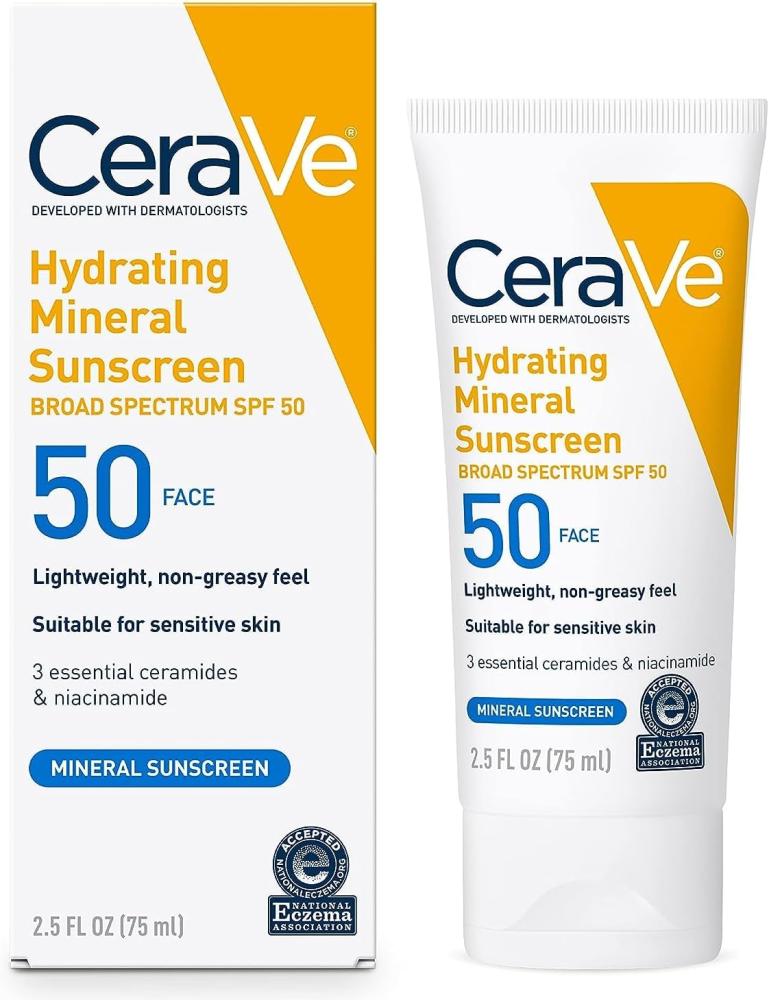 CeraVe, Sunscreen, Hydrating mineral, SPF 50, Zinc oxide and titanium dioxide for sensitive skin, 2.5 fl. oz. (75 ml) cerave serum hydrating hyaluronic acid 1 fl oz 30 ml