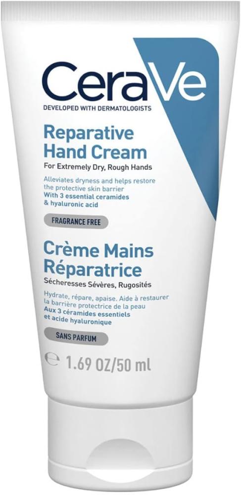 CeraVe, Hand cream, Reparative for dry and rough hands, Hyaluronic acid and ceramides, Fragrance free, 1.69 oz (50 ml) body lotion cerave daily moisturizing for normal to dry skin hyaluronic acid and ceramides fragrance free 19 fl oz 562 ml