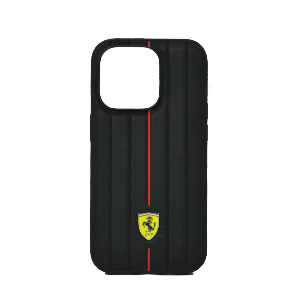 цена Ferrari Leather Case With Embossed Stripes Yellow Shield Logo For Iphone 14 Pro Black