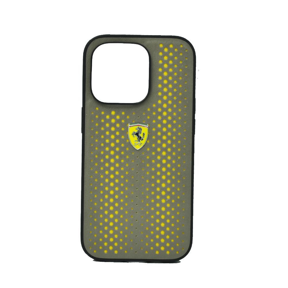 цена Ferrari Pu Leather Perforated Case With Nylon Base & Yellow Shield Logo For Iphone 14 Pro Yellow