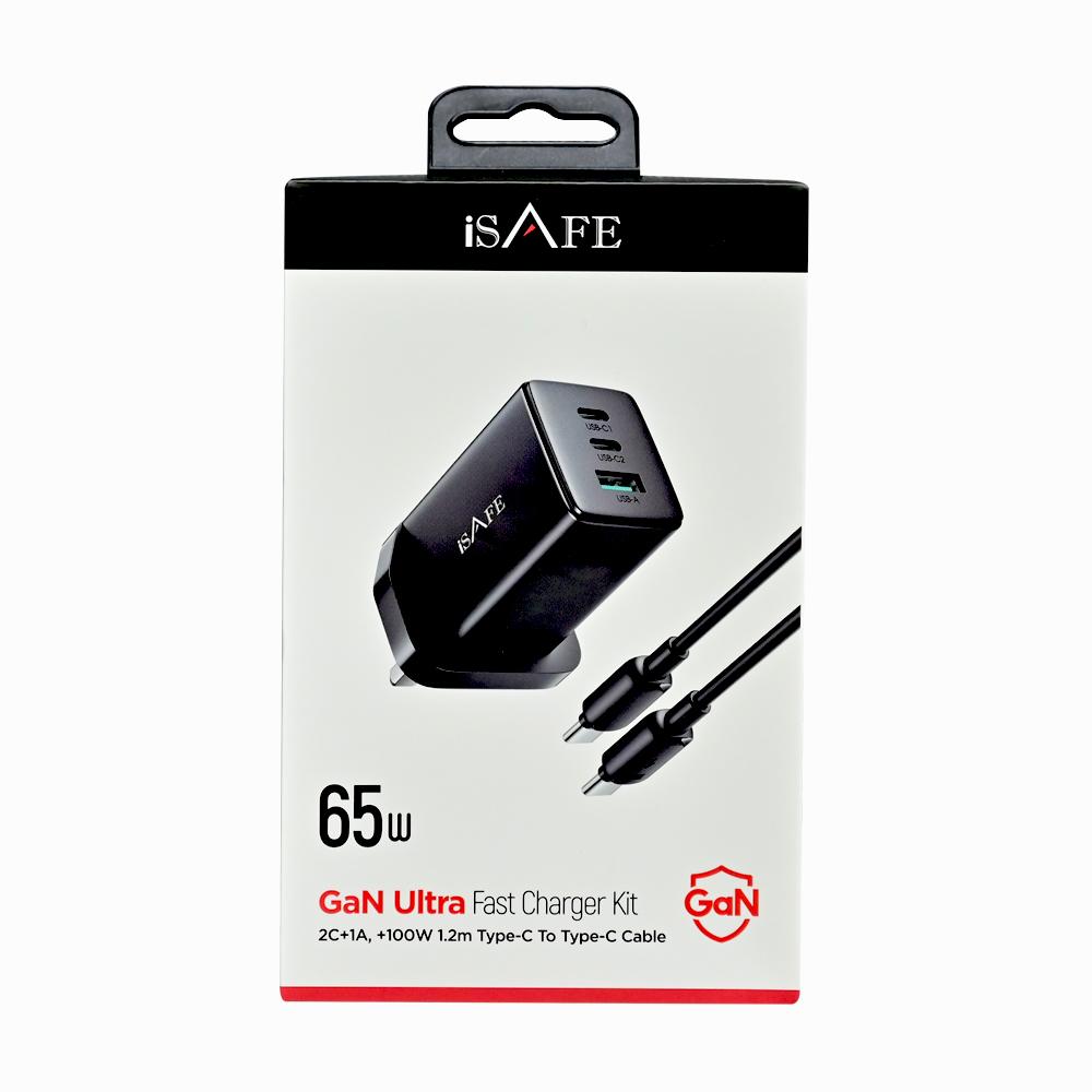 цена Isafe 65W GaN Ultra Fast Charger Type C - C Cable Black