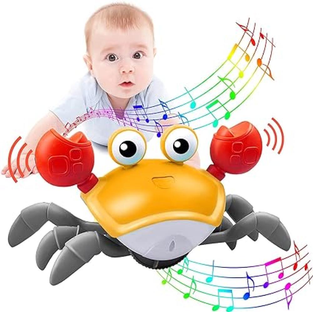Crawling Crab Baby Toy with Music and LED Light,Tummy Time Toys Will Automatically Avoid Obstacles Guiding Baby to Crawl, Fun Infant Toys Gift for Bab 1pcs expression chicken plush toys small pendant korean version of the cute chickens stuffed toy activity gift 10cm handanweiran