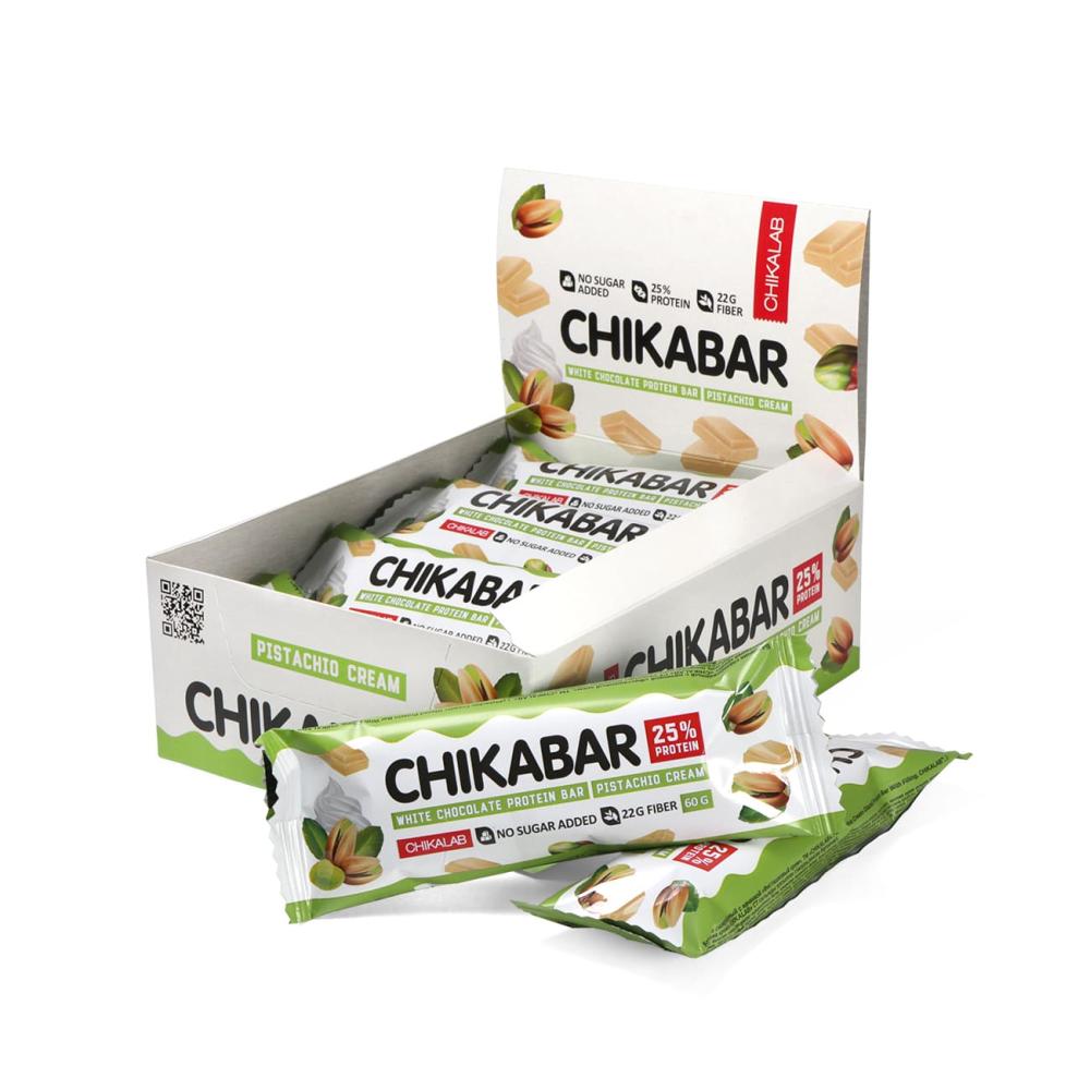 Chikabar White Chocolate Covered Protein Bar With Pistachio Cream 12X60G quest protein bar chocolate brownie 60g