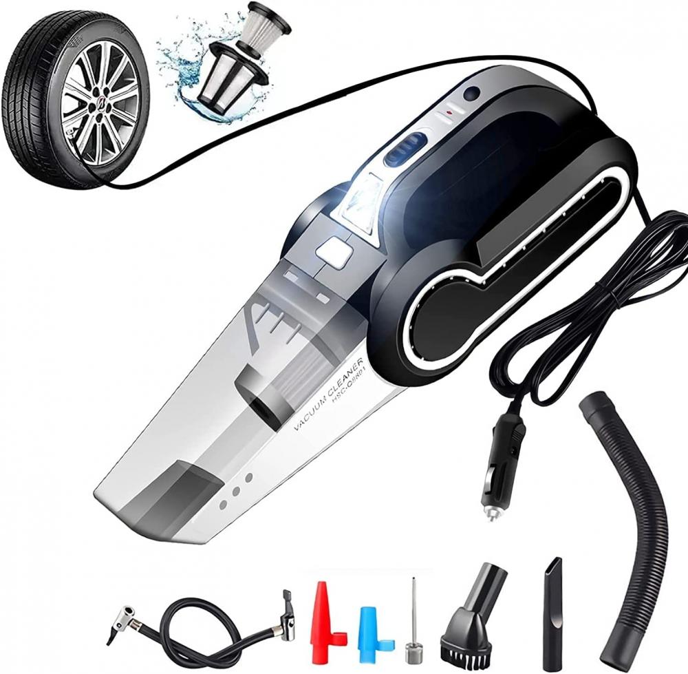 4-in-1 Portable Car Vacuum Cleaner, with Digital Tire Pressure Gauge LCD Display and LED Light 2 in 1 lcd universal car horizontal water temp gauge temperature voltage voltmeter gauge digital display sensor 10mm 12 24v kit