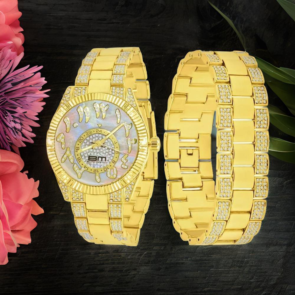 MOONBEAM WATCH SET Gold Watch \& Bracelet Set, bedazzling exquisite watch - Fully Iced