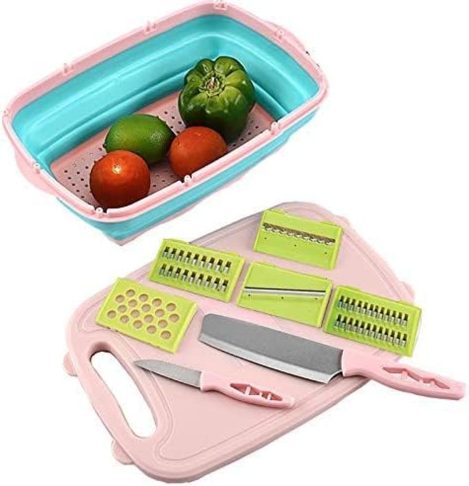GStorm 9-in-1 Multi Functional Cutting Board With Drain Basket Vegetable and Fruit Slicer Grater pull string garlic chopper crusher press manual food cutter processor for fruit vegetables meat kitchen tool mini food chopper