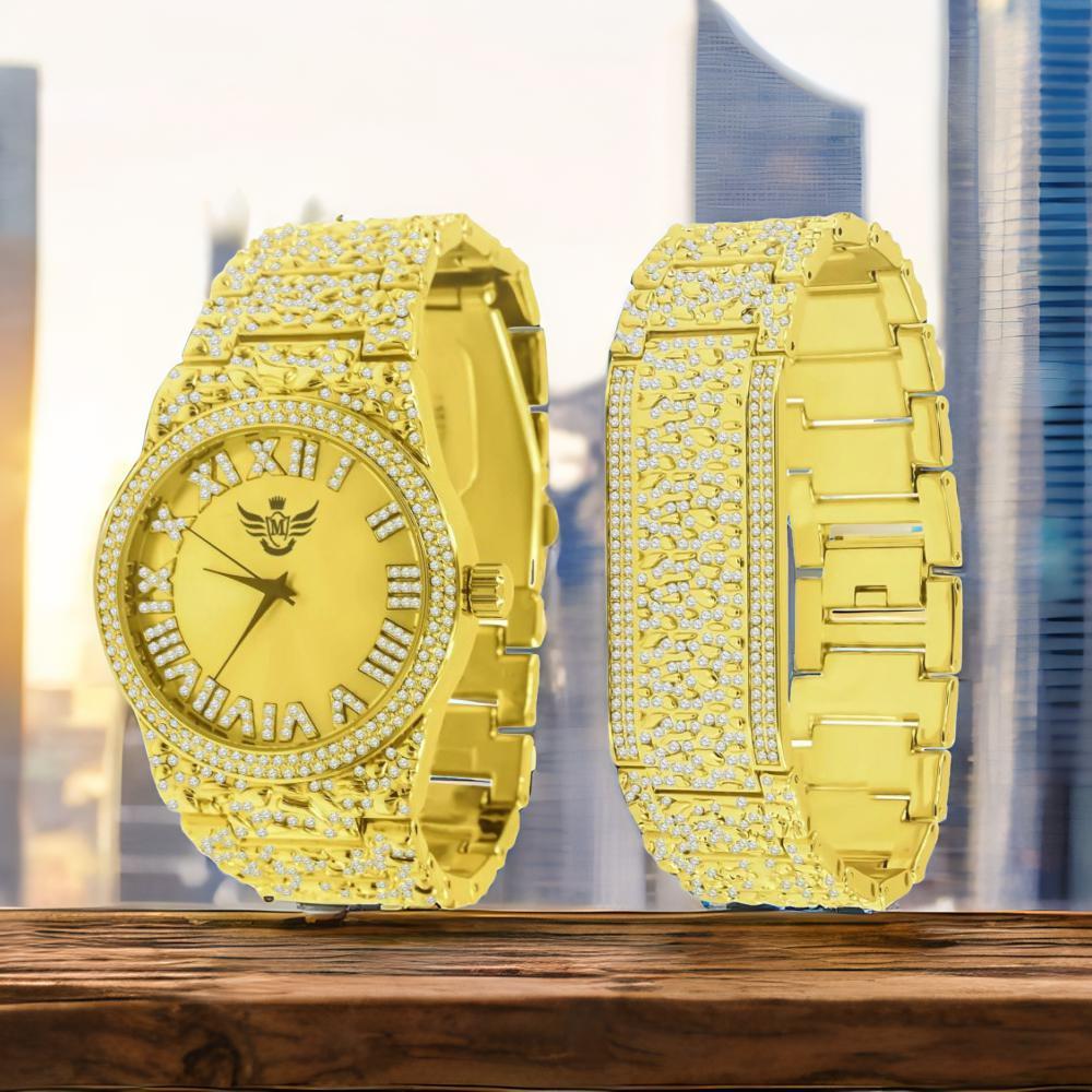 цена Gold Dial Men Custom Nugget Watch Bracelet Set Simulated Diamond Analog 43mm - FLAMBOYANT ULTRA BLING WATCH SET