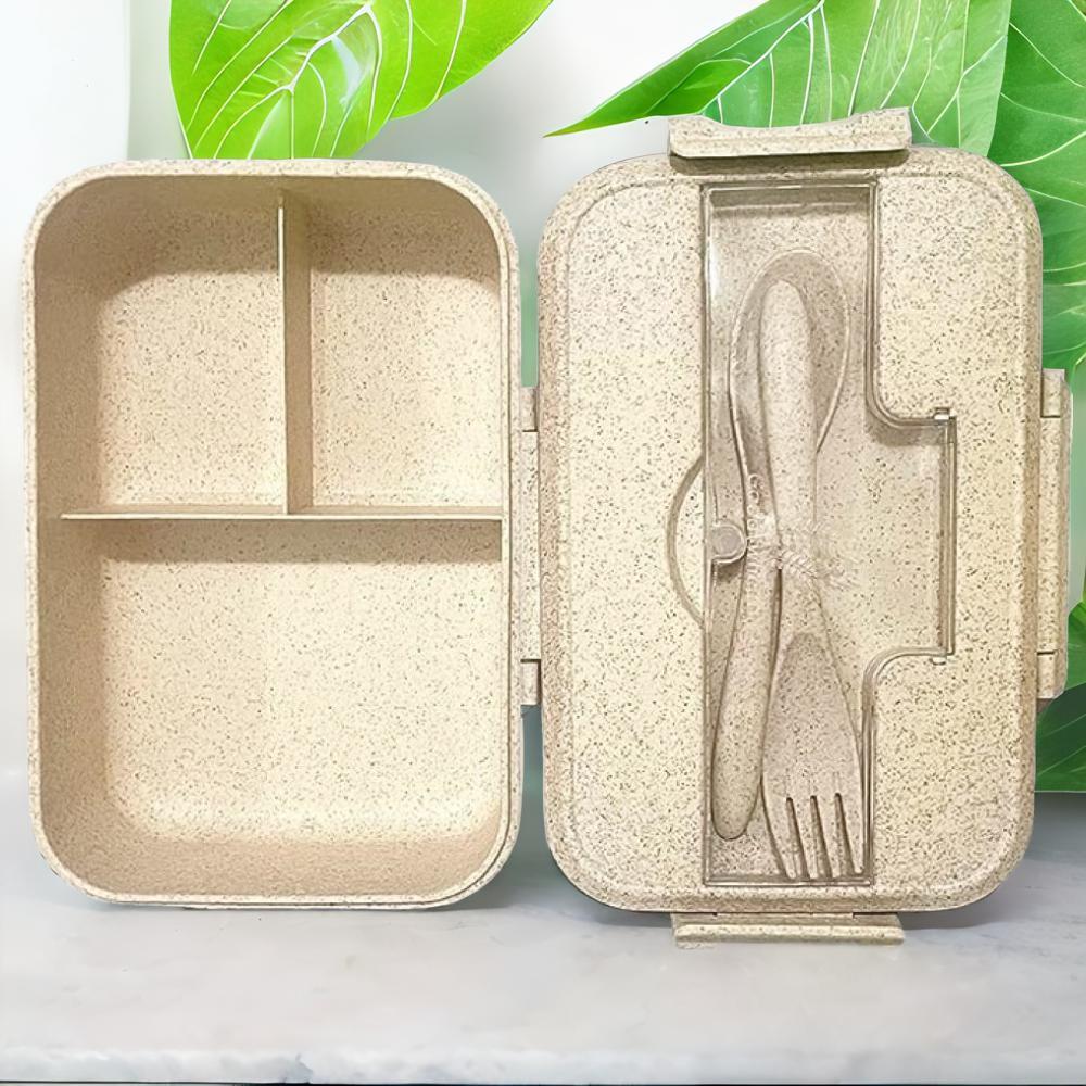 цена BBstore Lunch Boxes with 3 Compartments and cutlery Spoon and Fork Leakage Proof Container with Holding Handle (Beige)