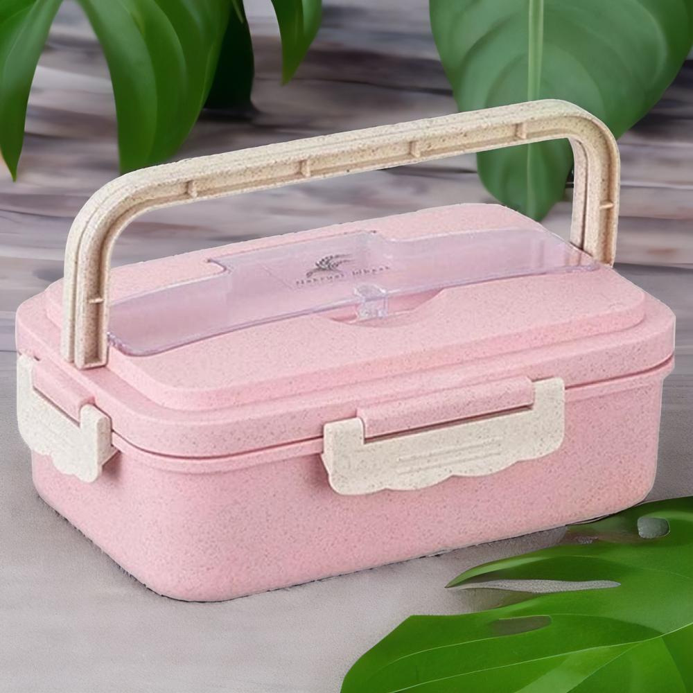 Bstore Lunch Boxes with 3 Compartments and cutlery Spoon and Fork Leakage Proof Container with Holding Handle (Pink)