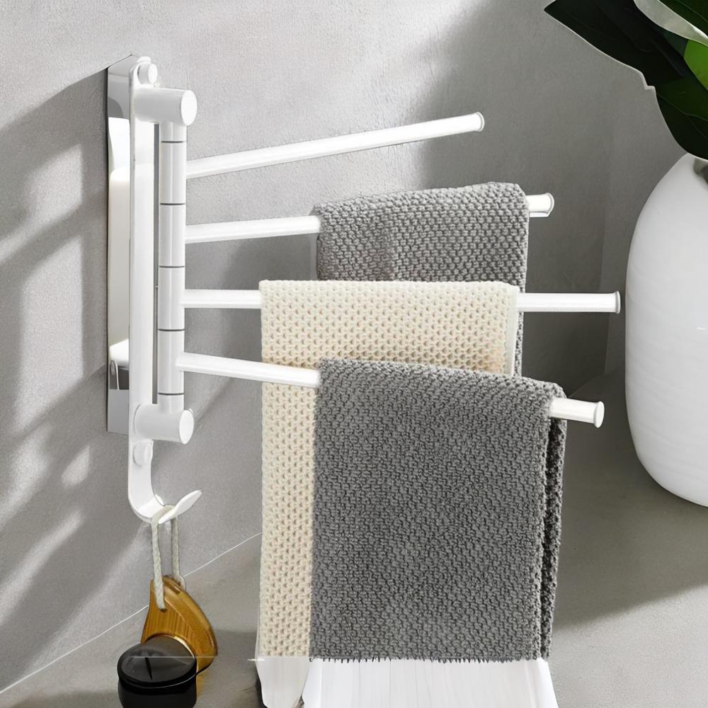 Towel Racks for Bathroom, Swivel Self-Adhesive Towel Rack Wall Mounted, 4 Bar Bathroom Towel Hanger for Small Rolled Towels, Hand Towels - WHITE