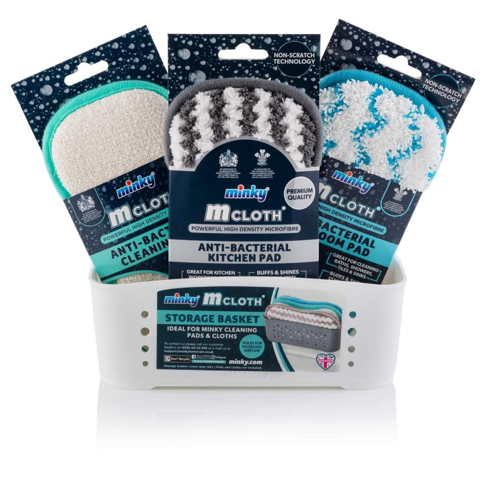 Minky M Cloth Storage Basket Set with 3 Pads White (Anti-Bacterial Cleaning, Anti Bacterial Kitchen Pad Anti-Bacterial Bathroom Pad) minky m cloth triple action antibacterial cleaning pad teal