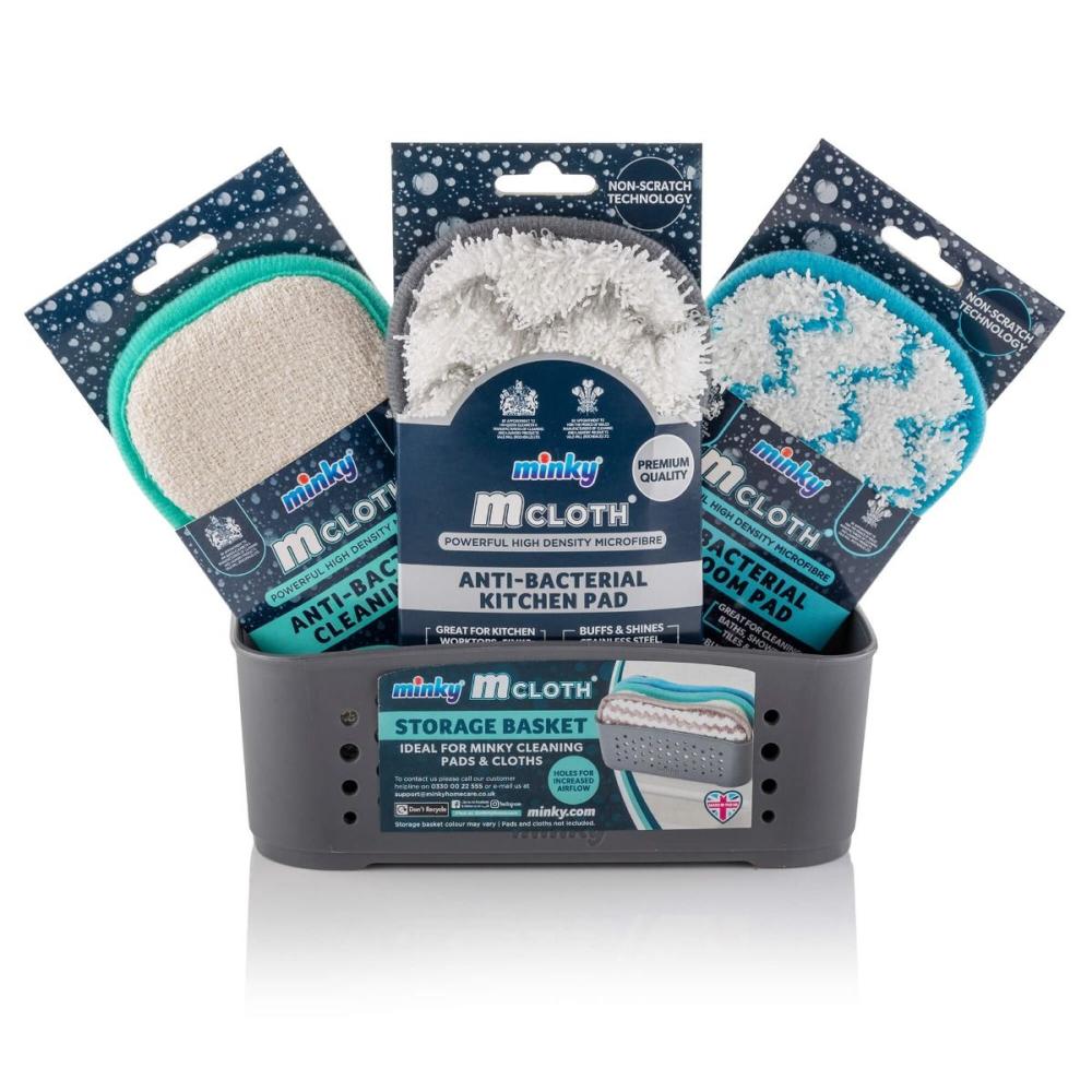 Minky M Cloth Storage Basket Set with 3 pads Grey (Anti-Bacterial Cleaning, Anti Bacterial Kitchen Pad Anti-Bacterial Bathroom Pad) minky m cloth anti bacterial screen tablet cloth