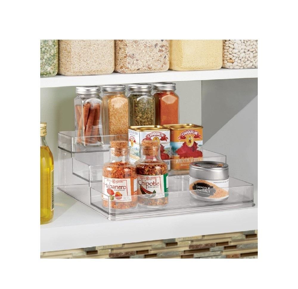 iDesign Linus Herb Rack, Compact Cupboard Spice Rack Ideal for Jars and Cans, Plastic, Clear inter design crisp tiered spice rack clear