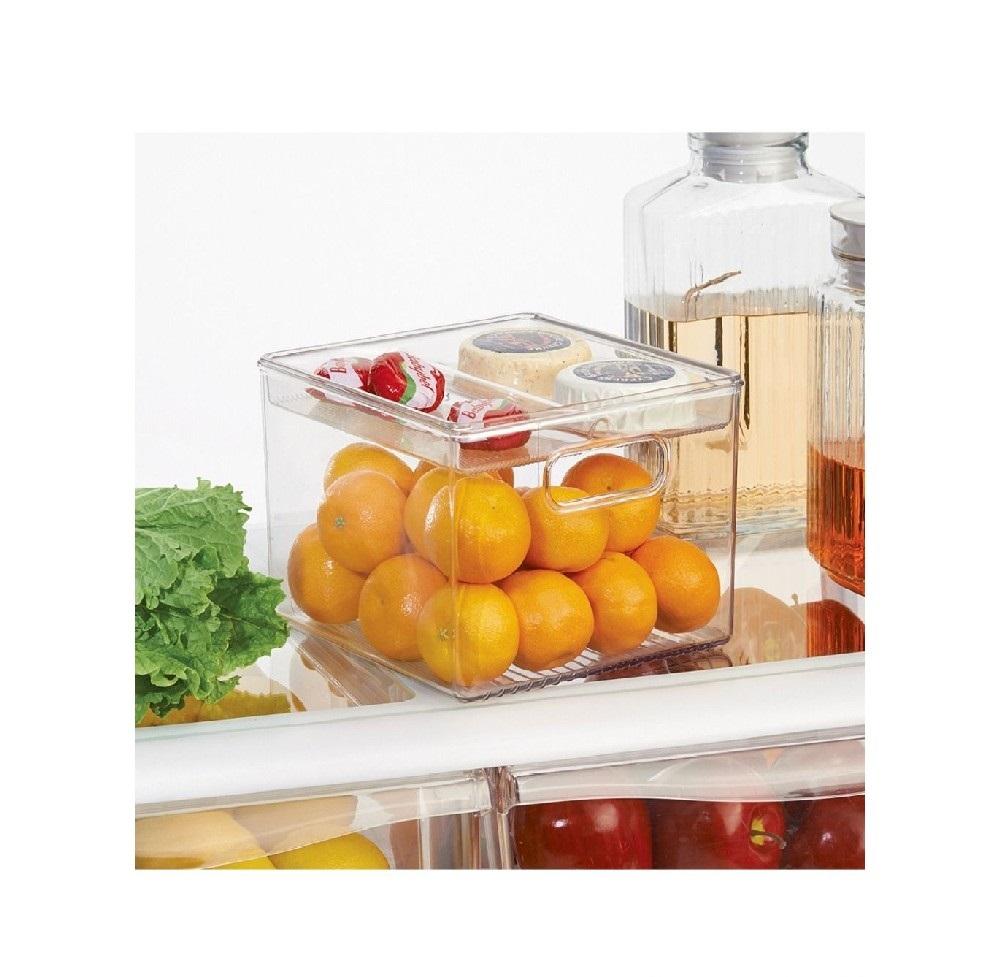 Idesign Id03113Es Set Of 2 Kitchen Bin With Removable Divided Tray For Food Storage, Clear, H 6.12 X W 8.0 X D 8.0 Inches, Plastic inter design kitchen binz stackable box 7 1 x 10 7 x 3 7 inch clear