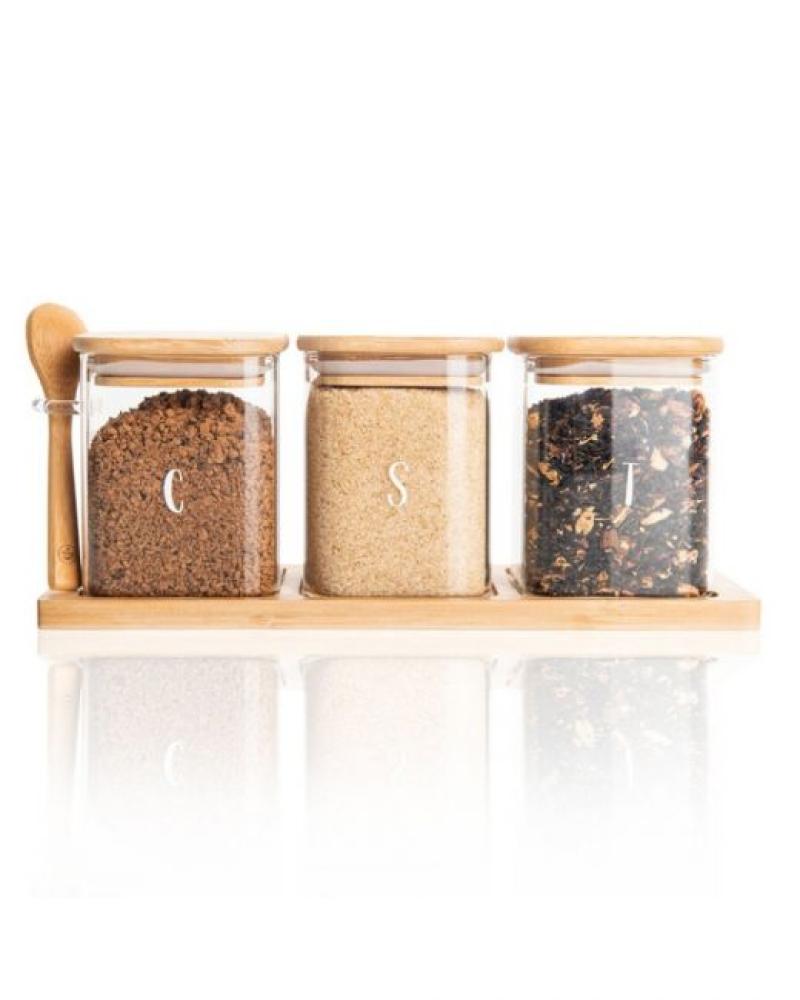 Little Storage Co Trio Square 3 Jars 1 Spoon & One Tray storage organizer candy jar for spices glass container glass jars with lids cookie jar kitchen jars lids wholesale home storage