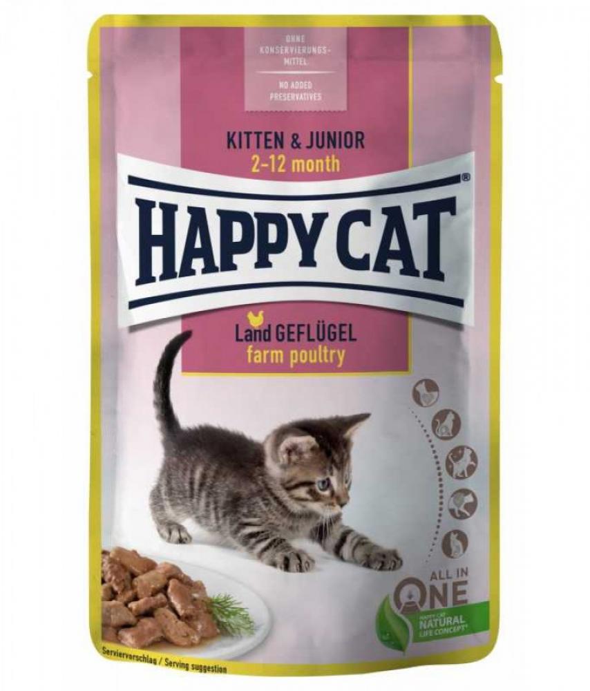 Happy Cat MIS Kitten \& Junior - Farm Poultry - Pouch - 85g hill s science plan kitten ocean fish pouch box 12 85g