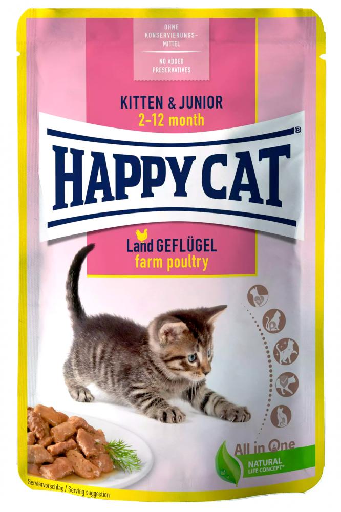 Happy Cat MIS Kitten \& Junior - Farm Poultry - Pouch - BOX - 24*85g hill s science plan kitten ocean fish pouch 85g