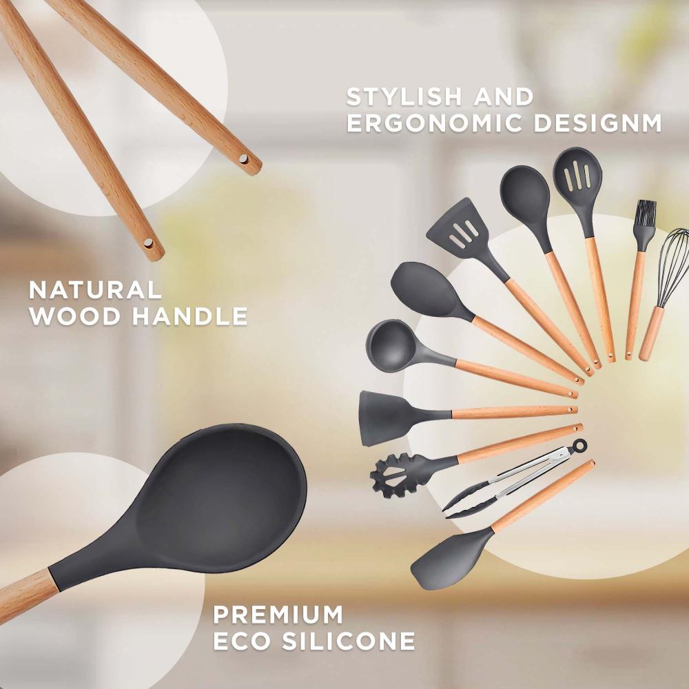 Silicone cooking utensils 12 piece set of holder rubber spatula tongs brush slotted spaghetti spoon with wooden handles for chef women and men kitchen mandun silicone handle sleeve grip protector durable non slip sweatproof convenience pool