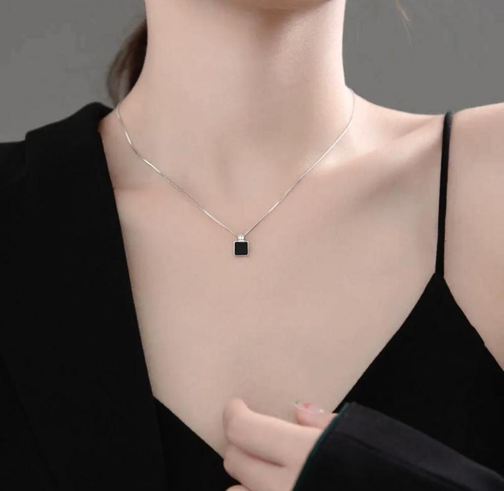 Luxury Bee Box Enamel Square Chain Black Silver Sterling 925 Minimalist Necklace. accent chain with heart shaped pendant