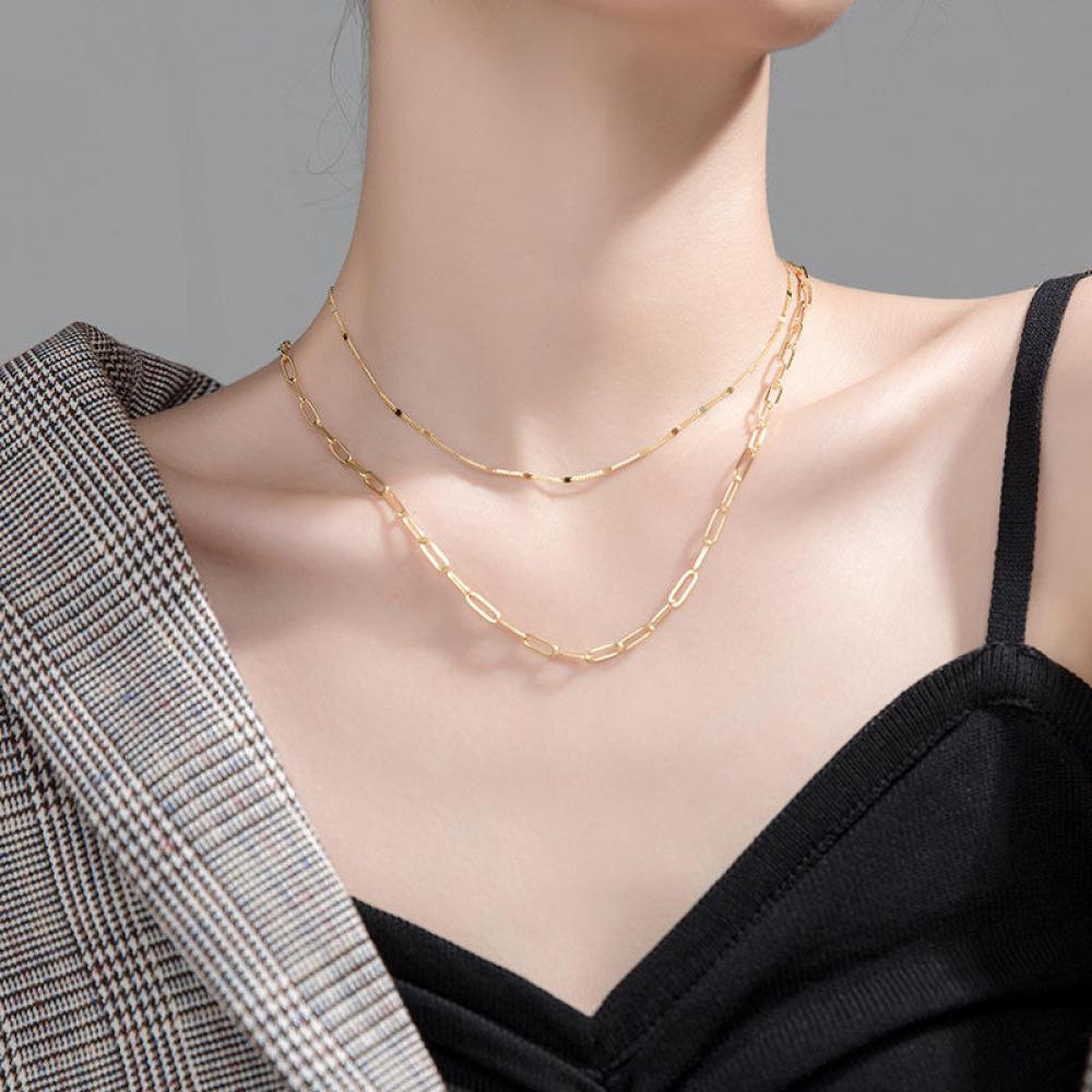 Luxury Bee Citic Double Layer Chain Silver Sterling 925 Minimalist Necklace Golden Color luxury bee short bar snake chain silver sterling 925 minimalist necklace