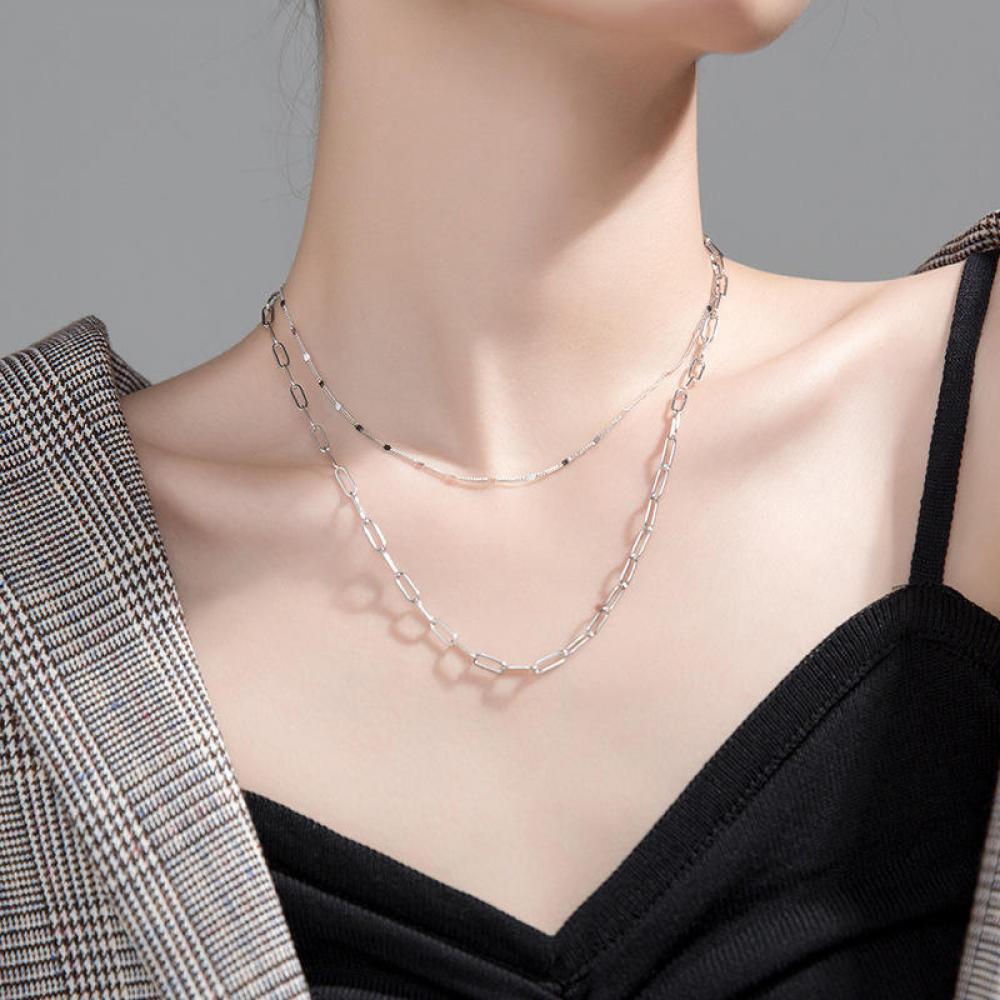 Luxury Bee Citic Double Layer Chain Silver Sterling 925 Silver Color Minimalist Necklace luxury bee short bar snake chain silver sterling 925 minimalist necklace