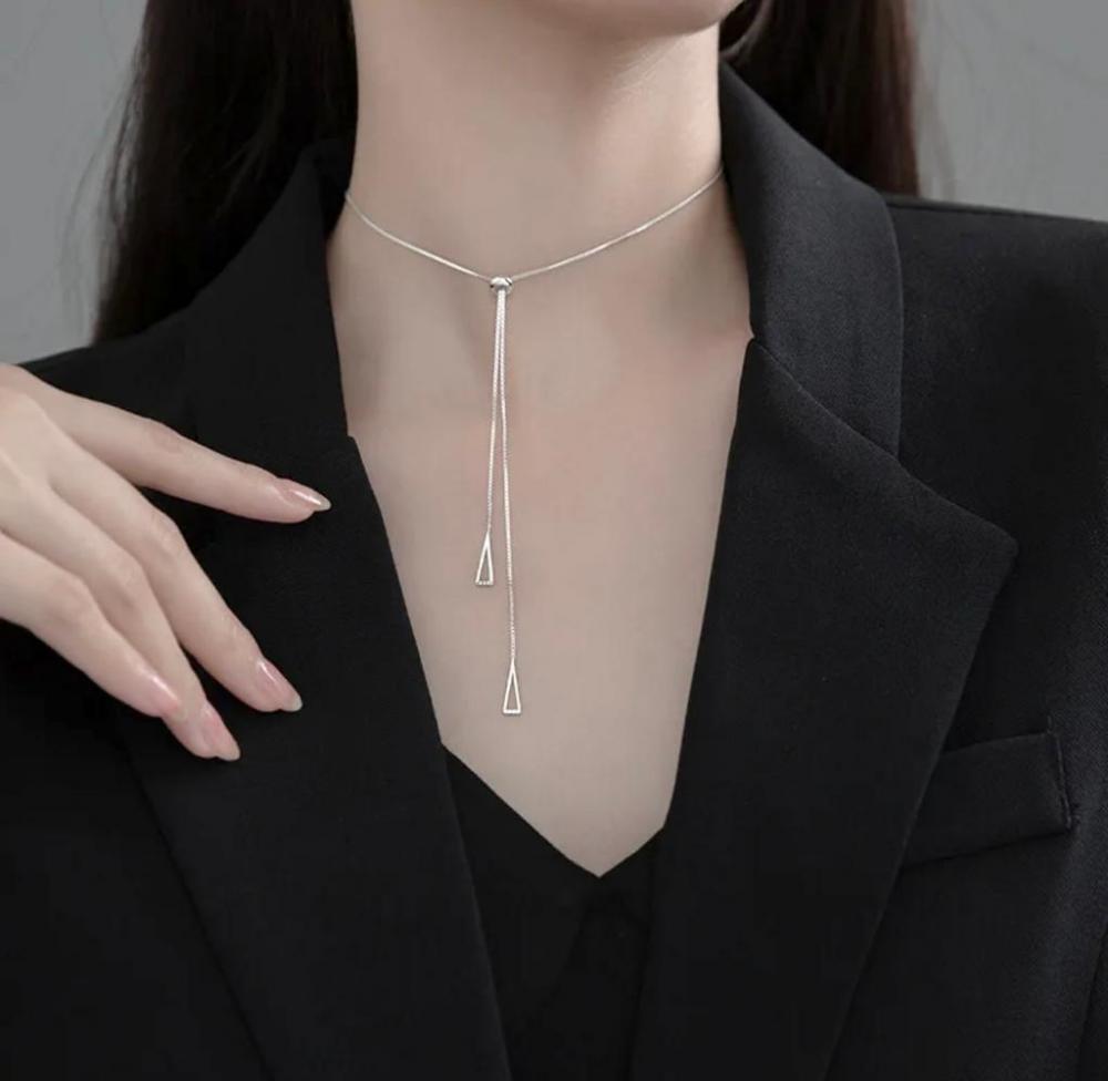 Luxury Bee Double Triangle Tassel Silver Sterling 925 Minimalist Necklace. luxury bee citic double layer chain silver sterling 925 minimalist necklace golden color