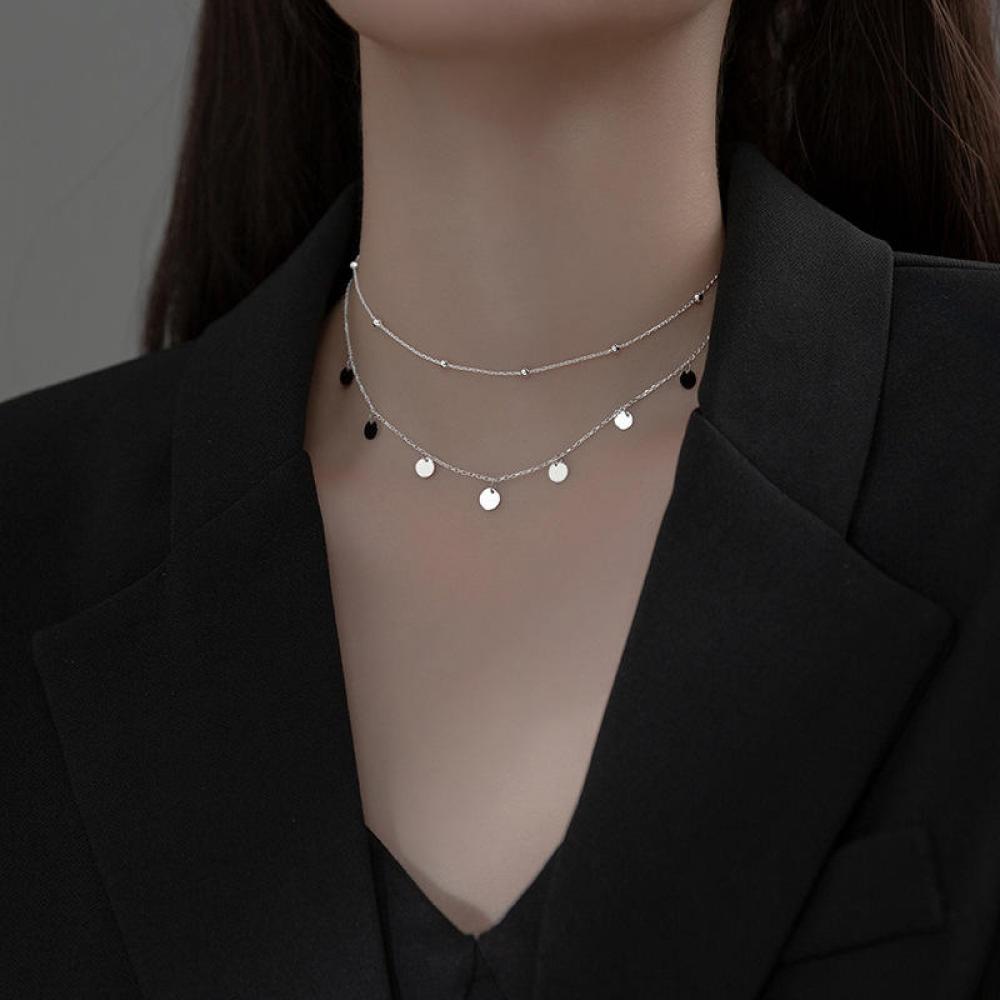 Luxury Bee Nactic Disk Coin Double Layer Chain Silver Sterling 925 Golden Color. luxury bee box enamel square chain black silver sterling 925 minimalist necklace