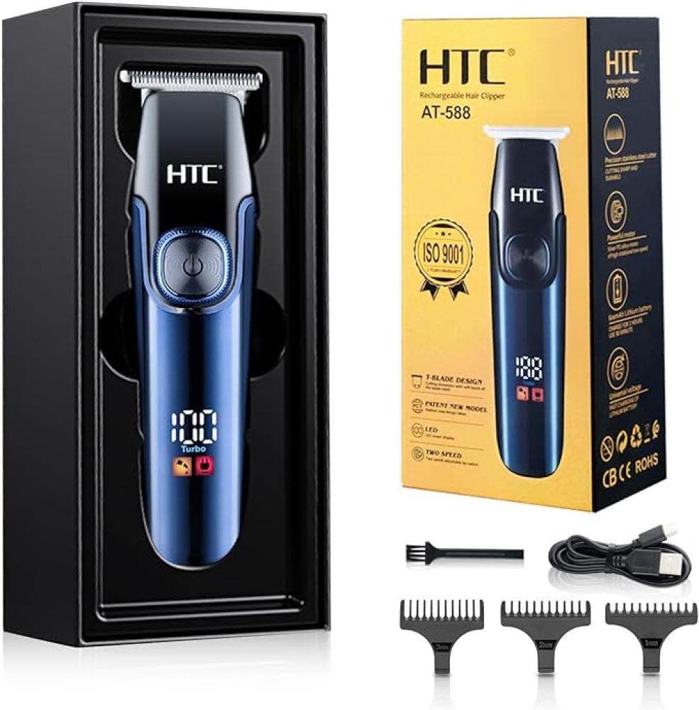 цена HTC Hair Clipper, Beard Trimmer with 2 Speed Settings, USB Rechargeable Cordless T-Shape Shaver with LED Display and 3 Combs, AT588