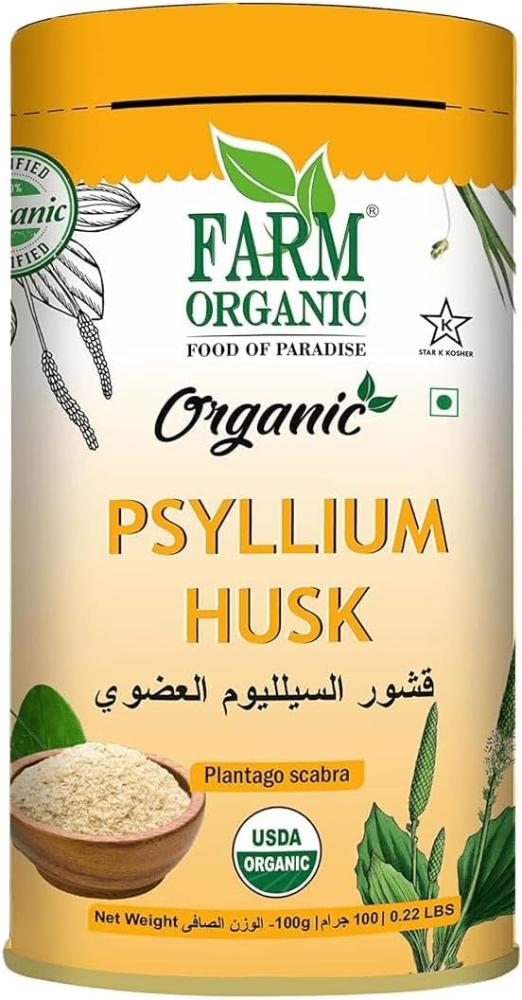 Farm Organic Psyllium Husk Powder 100gm, Gluten Free, NonGM, Vegan, Halal биодобавка псиллиум psyllium husks fiber 200 капсул