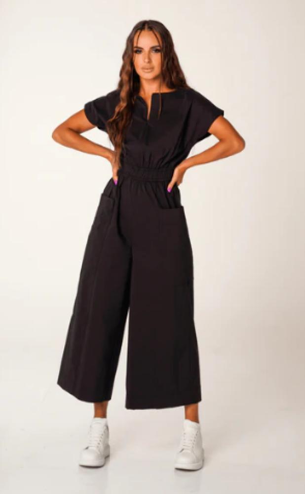 jumpsuit women high waist solid color suspenders square collar sleeveless pleated tie detail wide leg jumpsuit 2023 summer new KIM Black, size 42