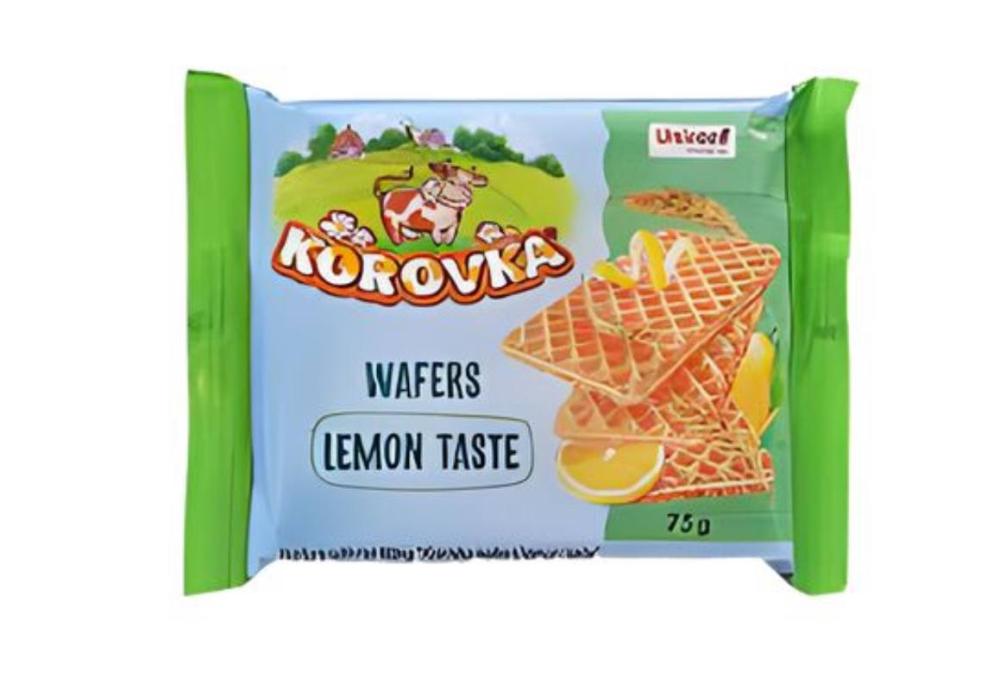 Wafers with lemon flavor Korovka 75g cookies korovka baked milk with glaze 115g