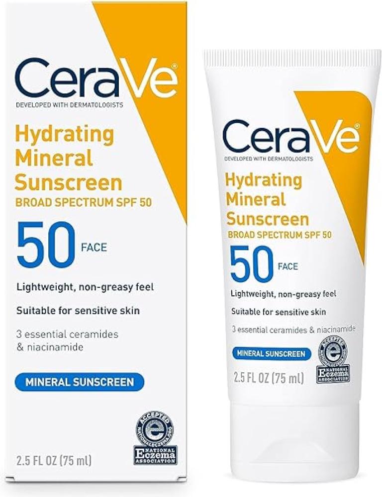 CeraVe 100% Mineral hydrating Sunscreen SPF 50 Face Sunscreen with Zinc Oxide Titanium Dioxide for Sensitive Skin 2.5 oz, бермуды skin 2 skin средняя посадка карманы размер s синий