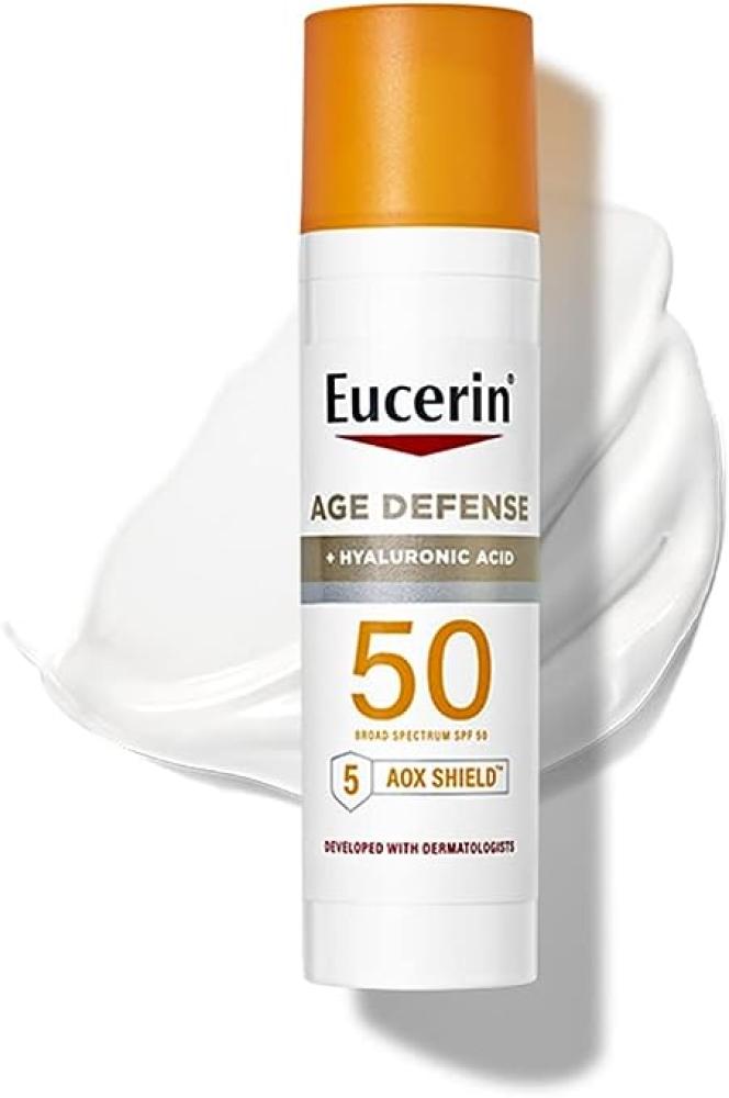 Eucerin Age Defense Face Sunscreen Lotion with Hyaluronic Acid, 2.5fl. oz Bottle, SPF 50 eucerin sunscreen sun gel cream oil control oily acne and blemish prone skin dry touch ultra light spf 50 1 69 fl oz 50 ml