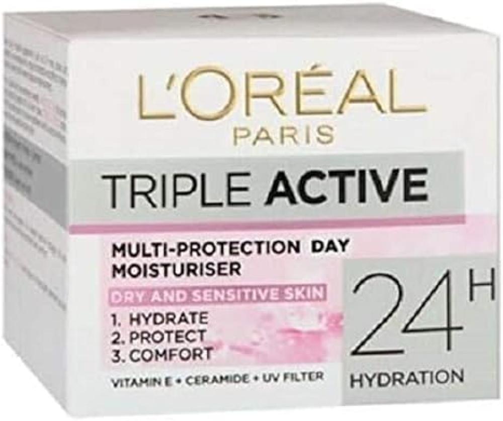 цена LOreal Paris Triple Active Day Moisturiser Dry And Sensitive Skin 50ml