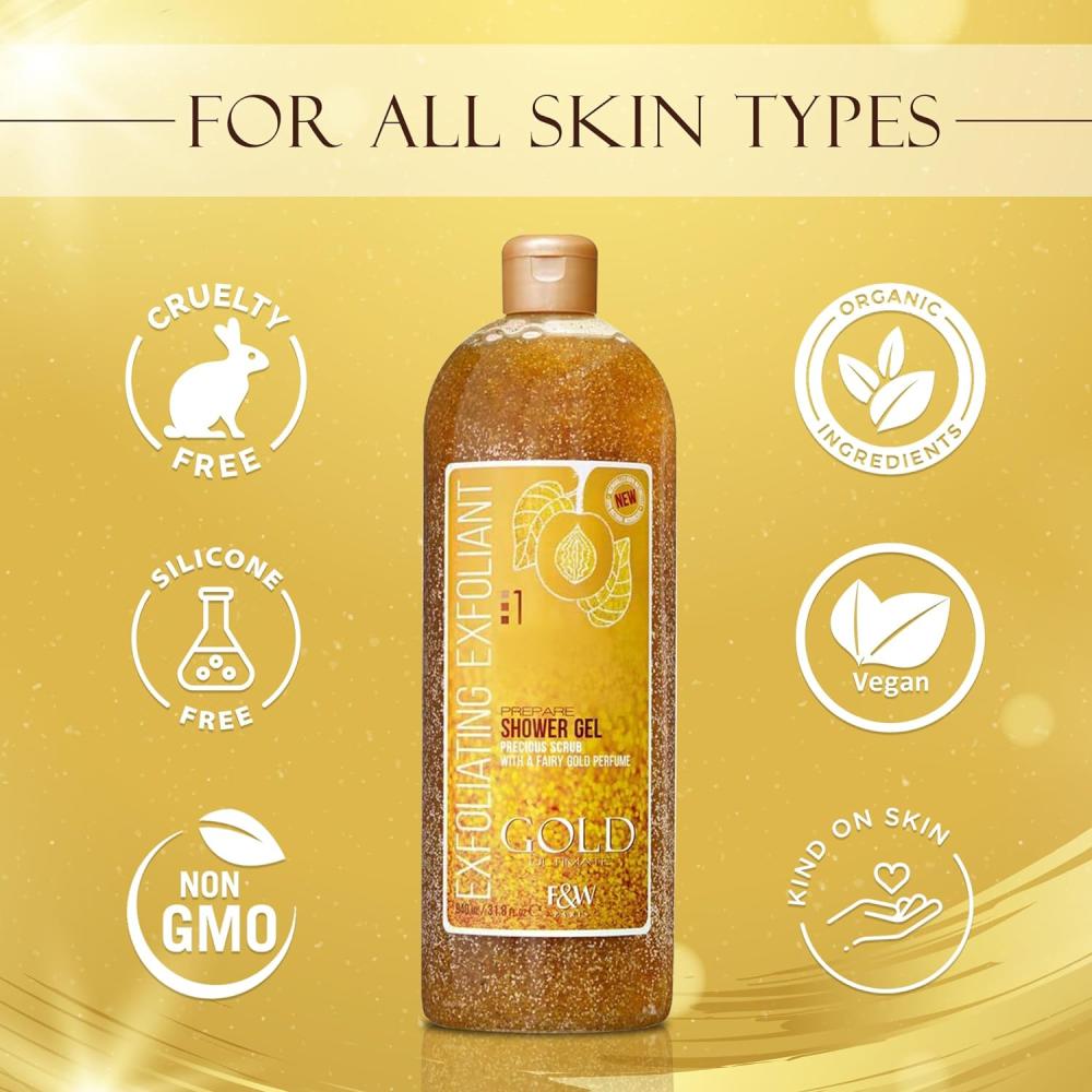 Fair and White Gold Exfoliating Shower Gel, 940 ml shea butter body scrub shower gel exfoliating，long lasting moisturizing smoothing and whitening sample trial single piece