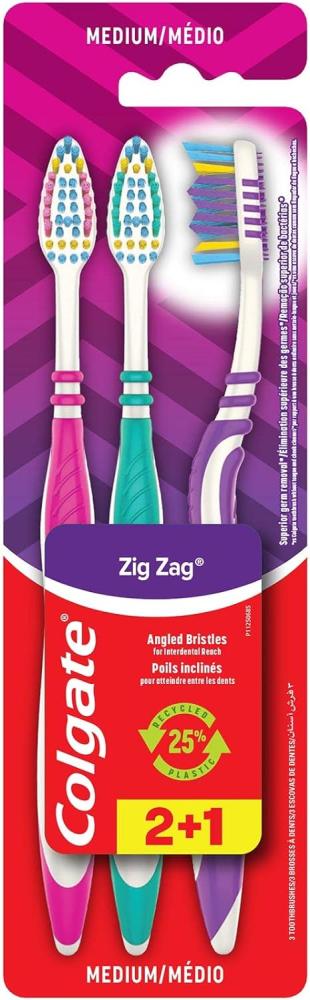 Colgate zigzag tooth brush medium, 3 pack value pack, assorted color colgate toothbrush double action toothbrush blue